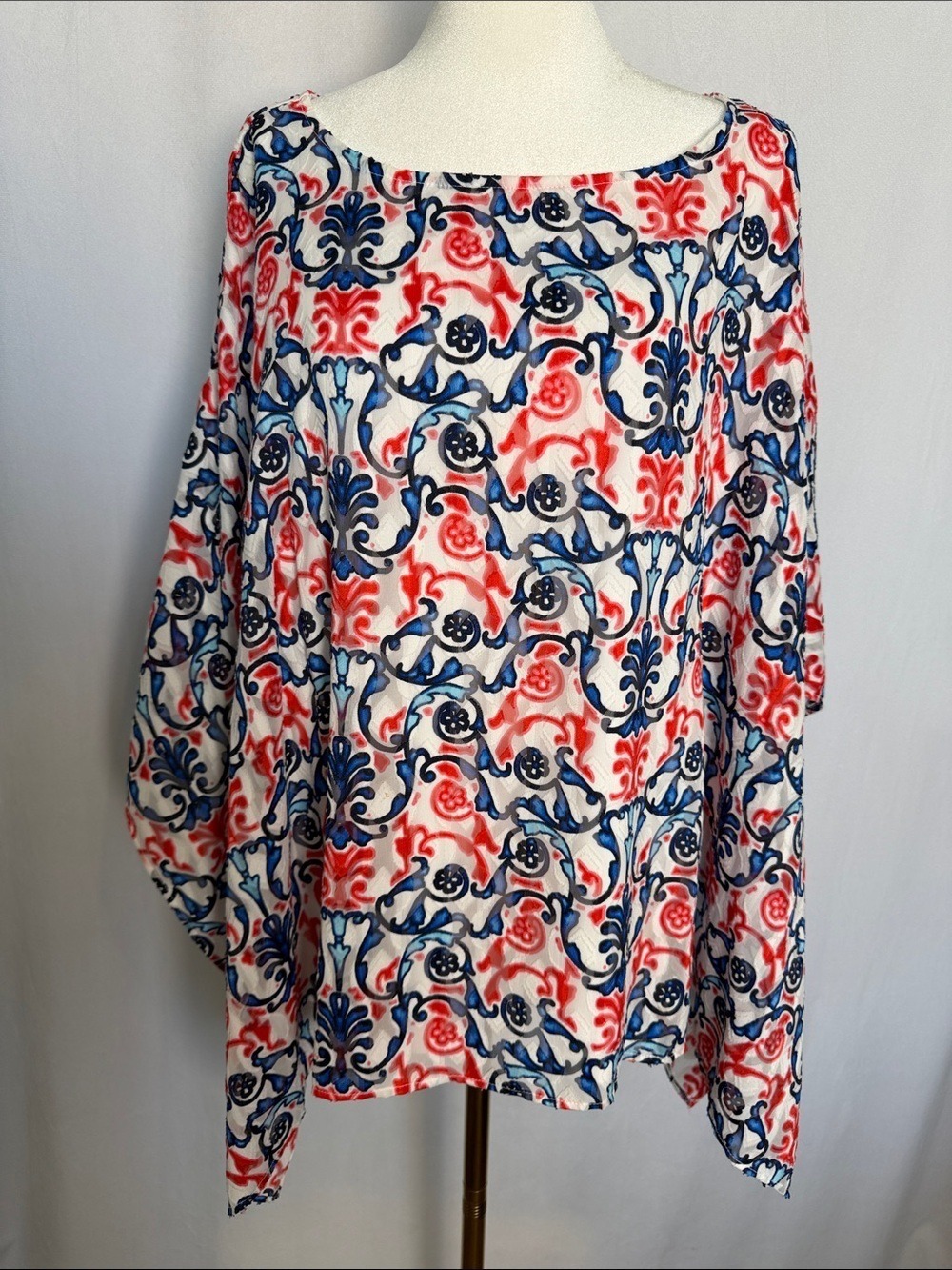 Chico's Sheer Boat Neck Red White Blue Floral Scroll Print Poncho W/ Tank SZ L